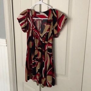 Red, brown, black abstract flutter sleeve top